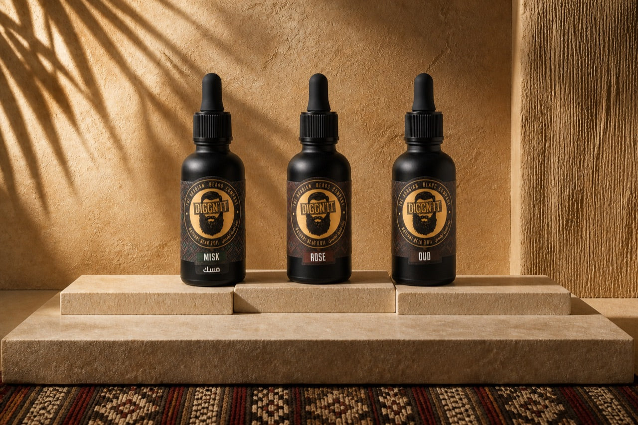Misk, Rose, and Oud Arabian Beard Oils photographed on a Saudi-inspired limestone stage